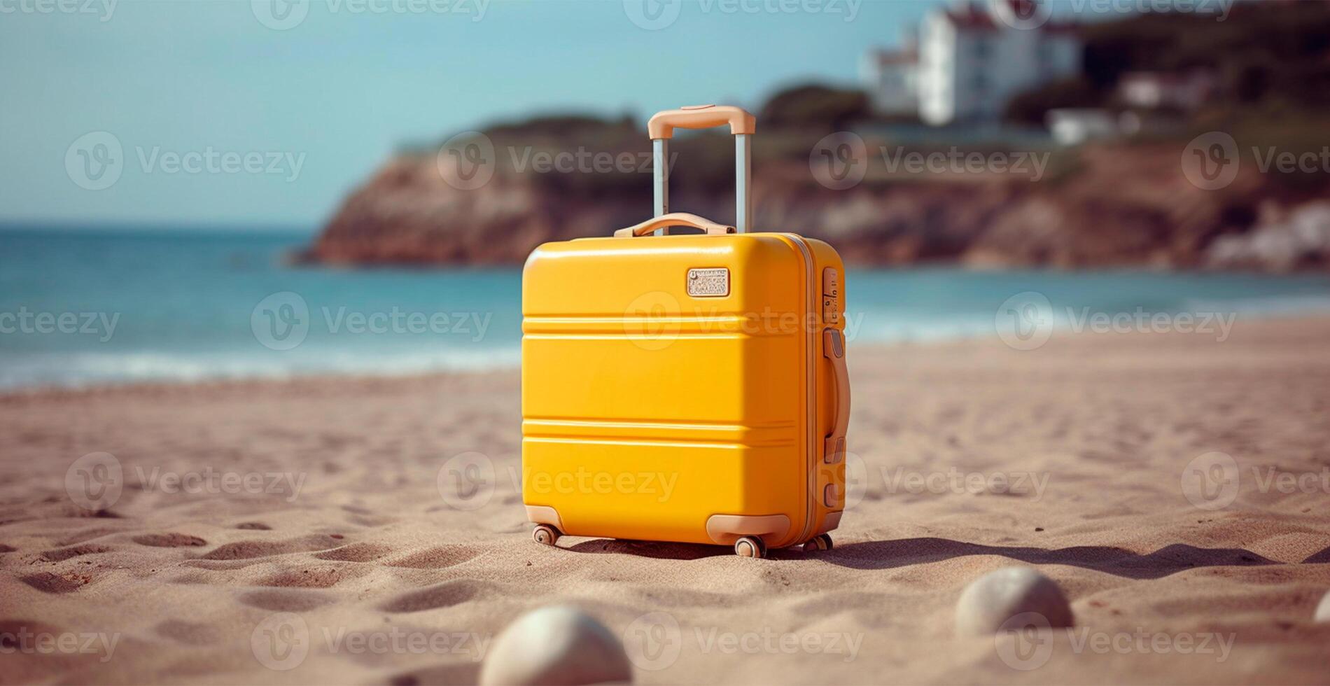 zomer reizen en toerisme, geel koffer Aan een mooi zanderig strand. vakantie reizen - ai gegenereerd beeld foto