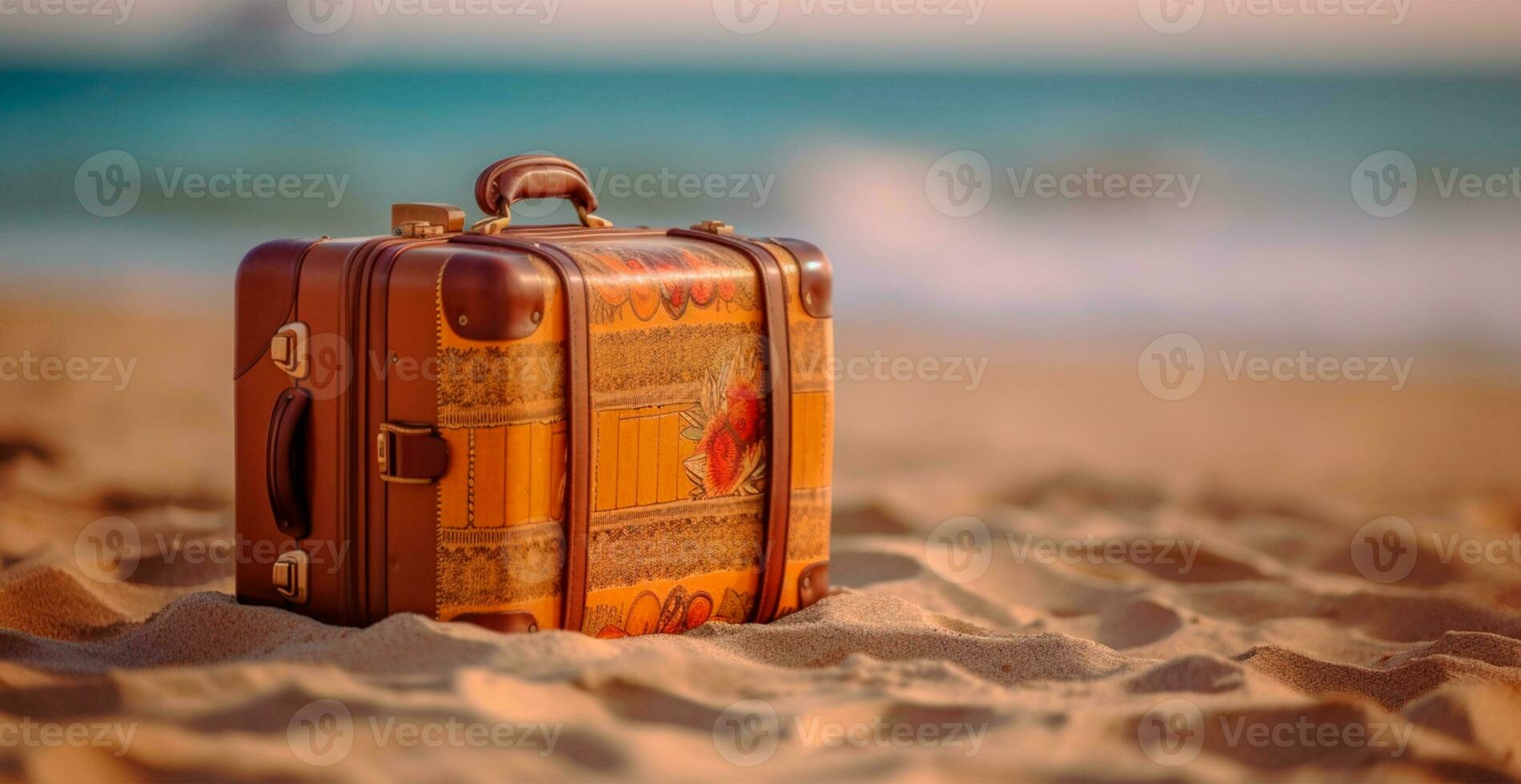 zomer reizen en toerisme, helder koffer Aan een mooi zanderig strand. vakantie reizen - ai gegenereerd beeld foto