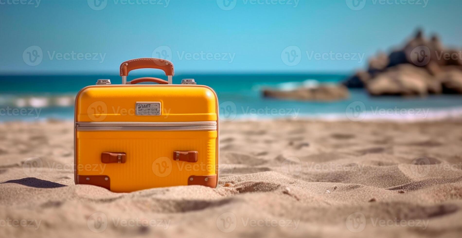 zomer reizen en toerisme, geel koffer Aan een mooi zanderig strand. vakantie reizen - ai gegenereerd beeld foto