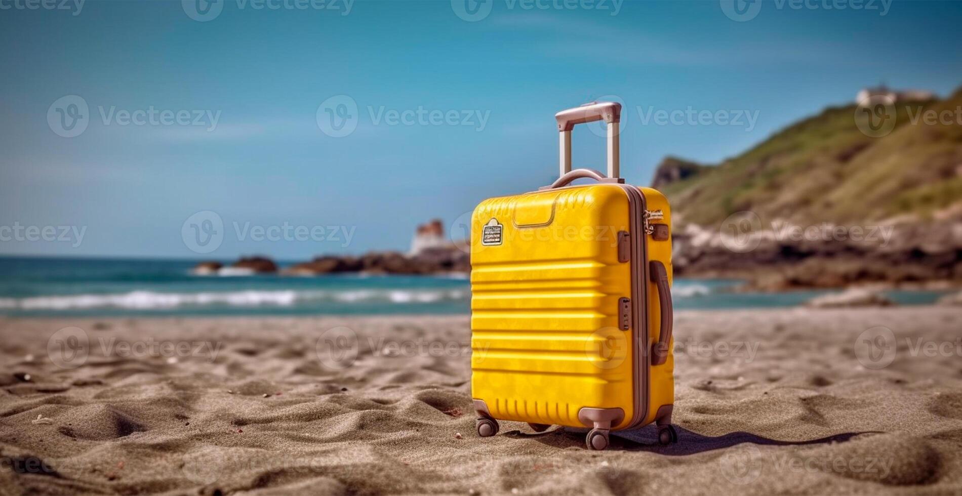 zomer reizen en toerisme, geel koffer Aan een mooi zanderig strand. vakantie reizen - ai gegenereerd beeld foto