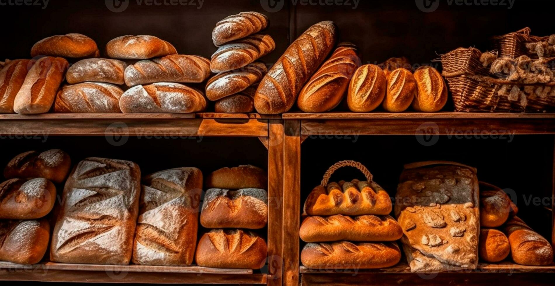 vers gebakken brood Aan bakkerij vitrine, tarwe producten - ai gegenereerd beeld foto