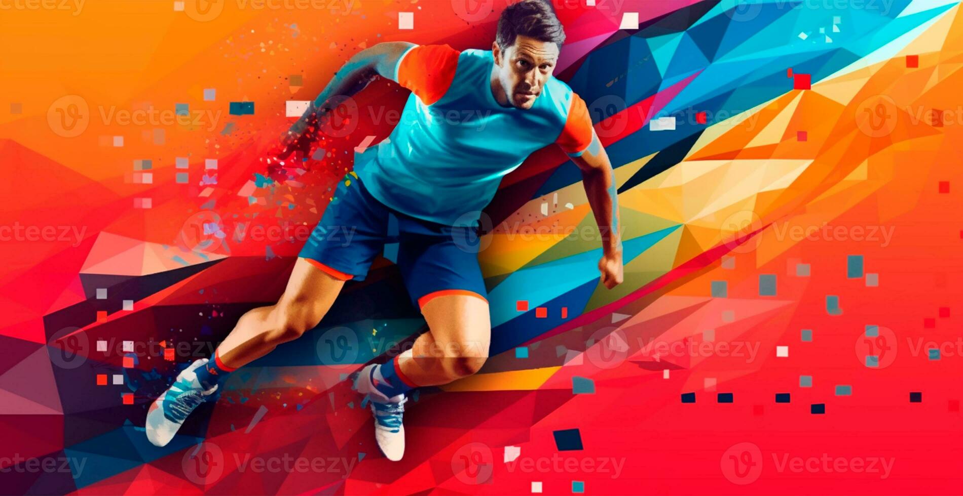 abstract voetbal speler rennen met bal, helder kleur achtergrond - ai gegenereerd beeld foto