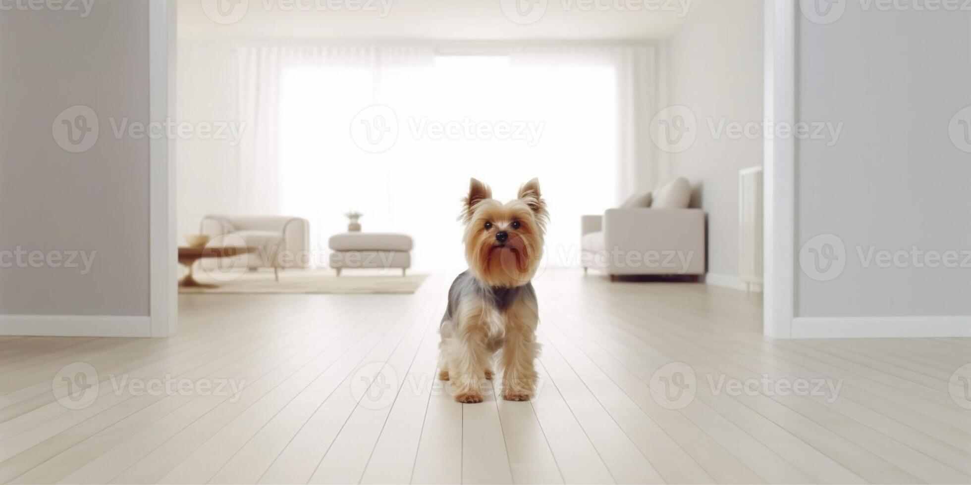 schattig yorkshire terriër staand in minimalistische leven kamer - ai generatief foto