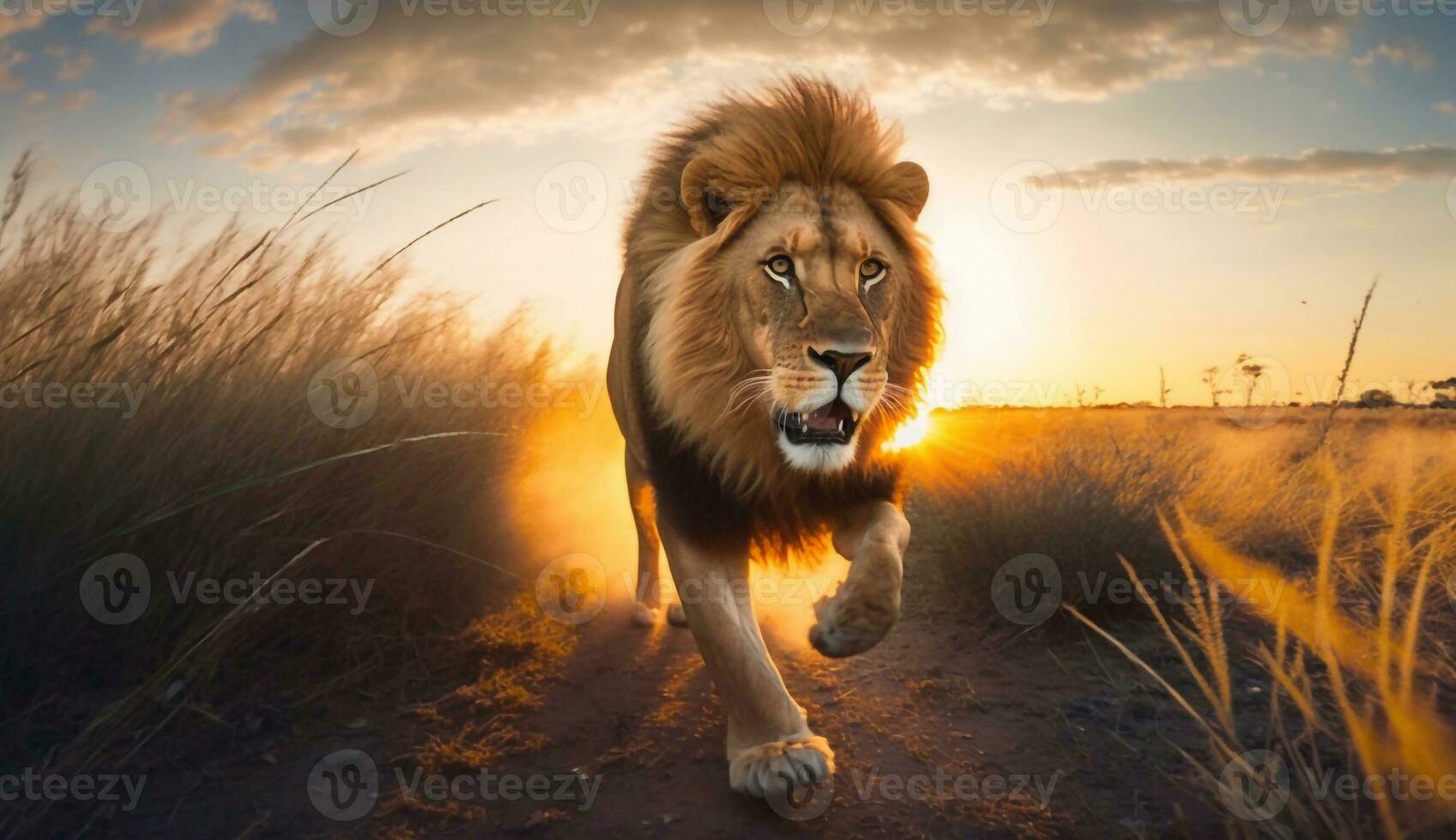 een leeuw rennen door de dieren in het wild Bij zonsondergang - generatief ai foto