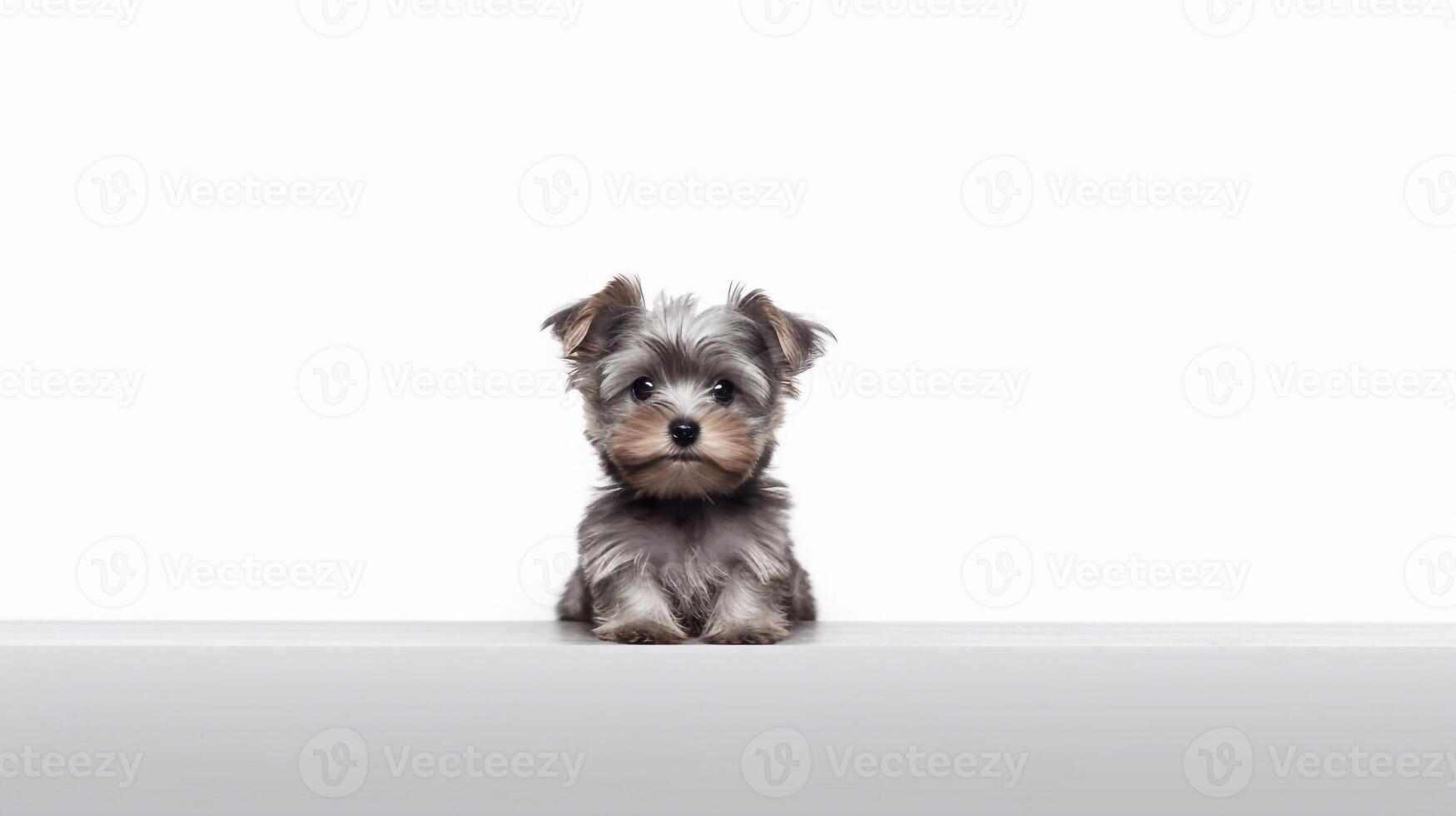 een puppy dat is zittend naar beneden met haar hoofd omhoog Aan wit achtergrond - generatief ai foto