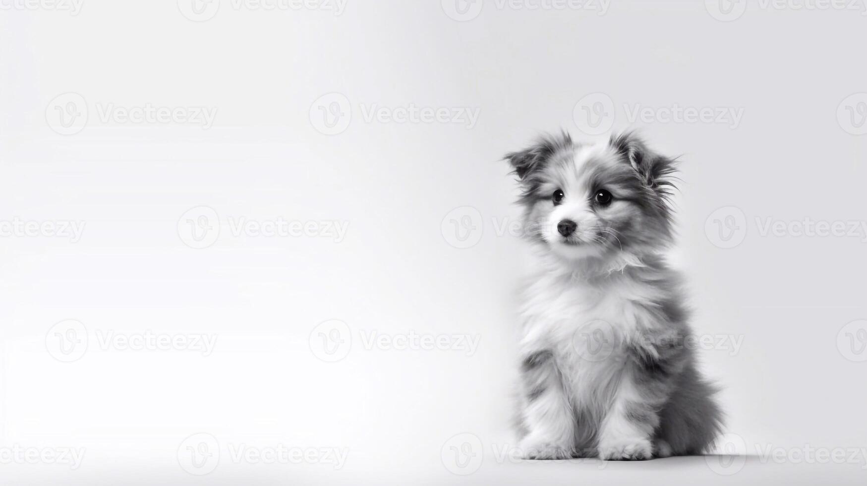 een puppy dat is zittend naar beneden met haar hoofd omhoog Aan wit achtergrond - generatief ai foto