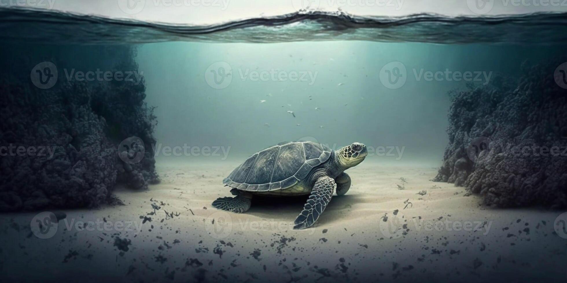 schildpad ondergedompeld onderwater- met gebroken koraal rif in de achtergrond - generatief ai foto
