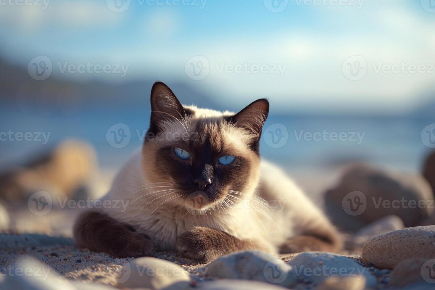 Siamees kat met blauw ogen zittend Aan kiezelsteen strand. generatief ai foto