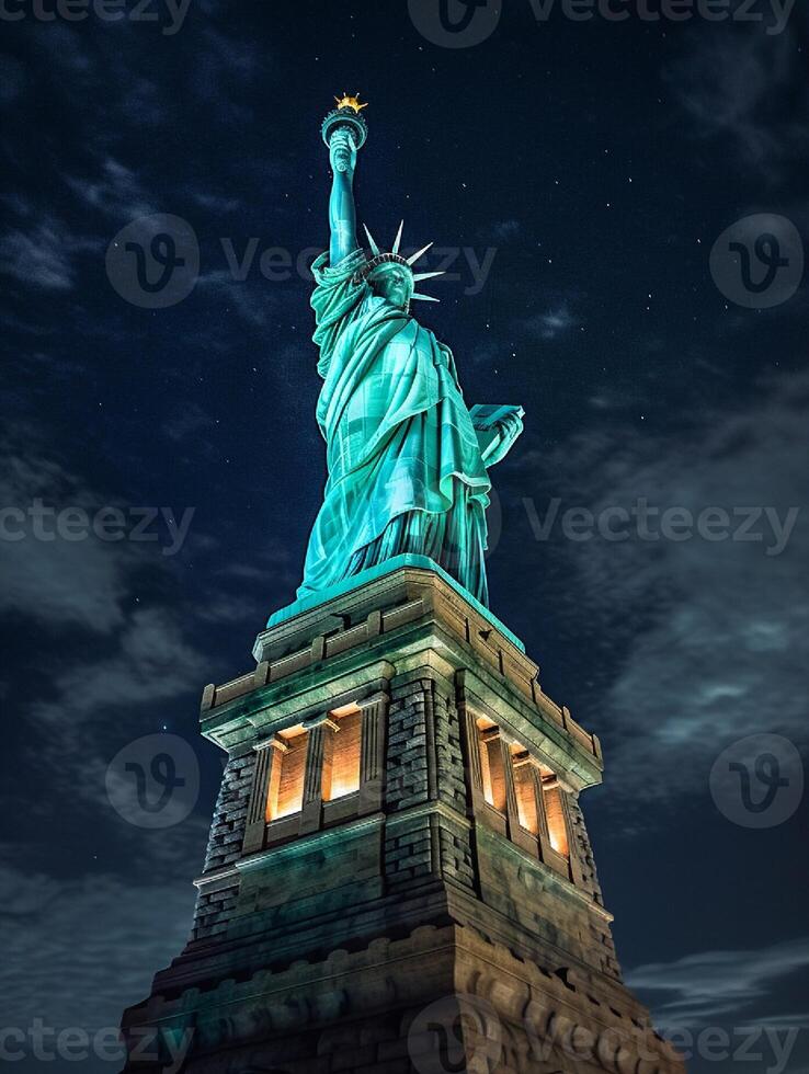 standbeeld van vrijheid Bij nacht in nieuw york stad. Verenigde Staten van Amerika. generatief ai foto