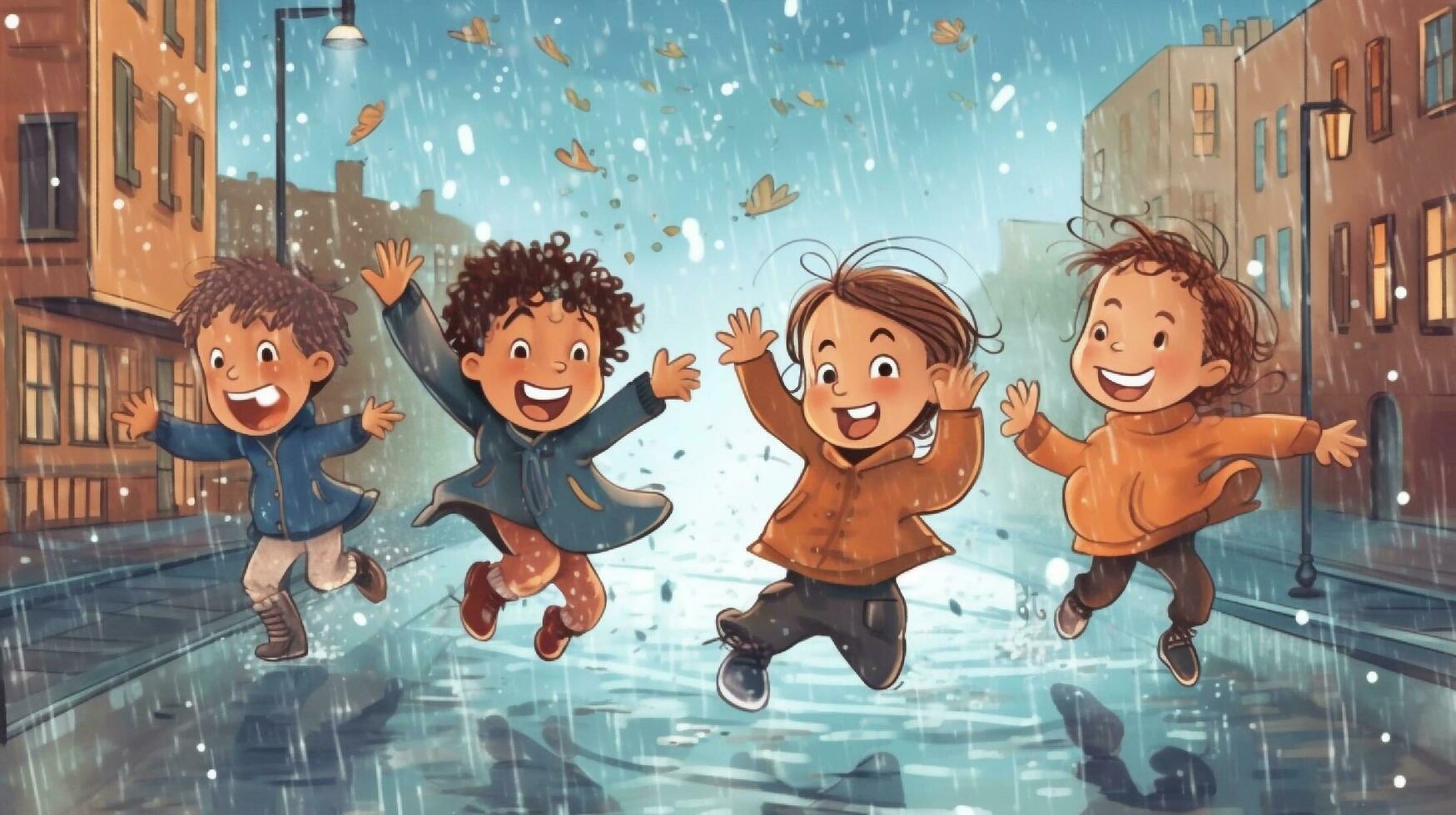 gelukkig kinderen spelen in de regen. generatief ai foto