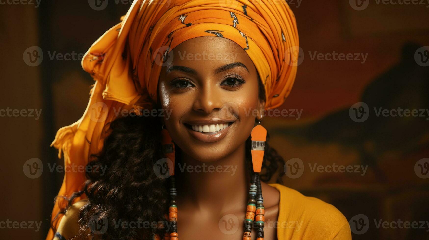 mooi Afrikaanse Amerikaans vrouw met afro kapsel en oranje hoofddoek. generatief ai. foto