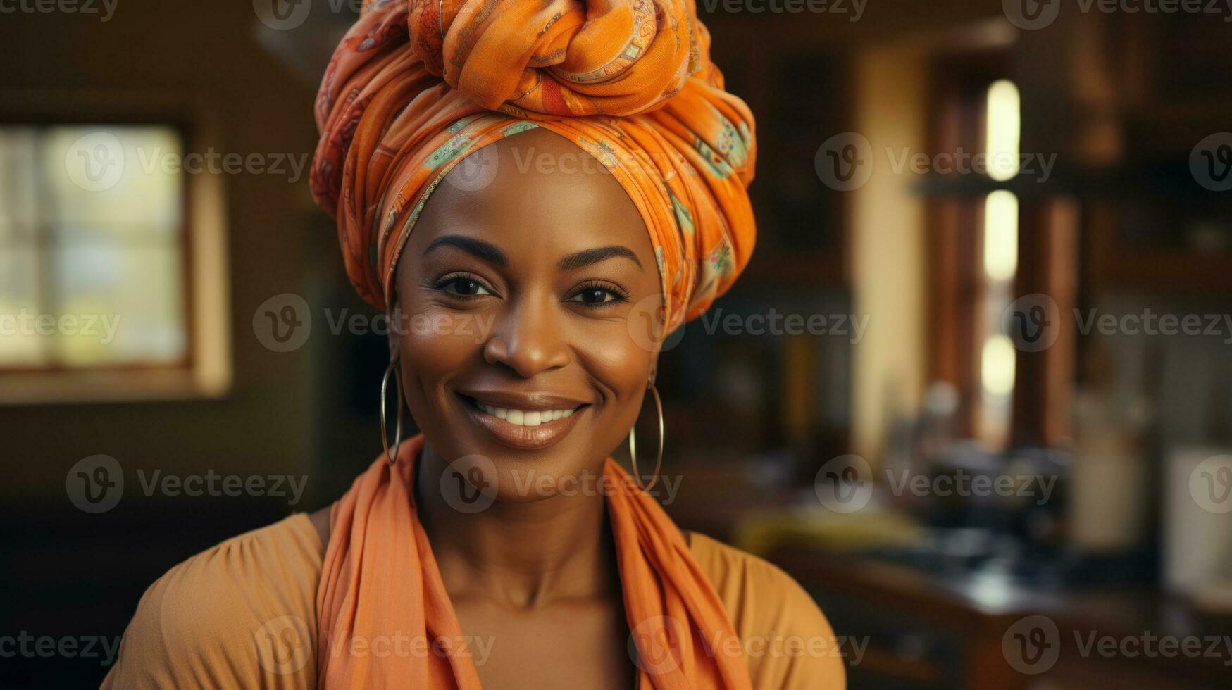 portret van mooi midden volwassen Afrikaanse Amerikaans vrouw met oranje hoofddoek. generatief ai. foto