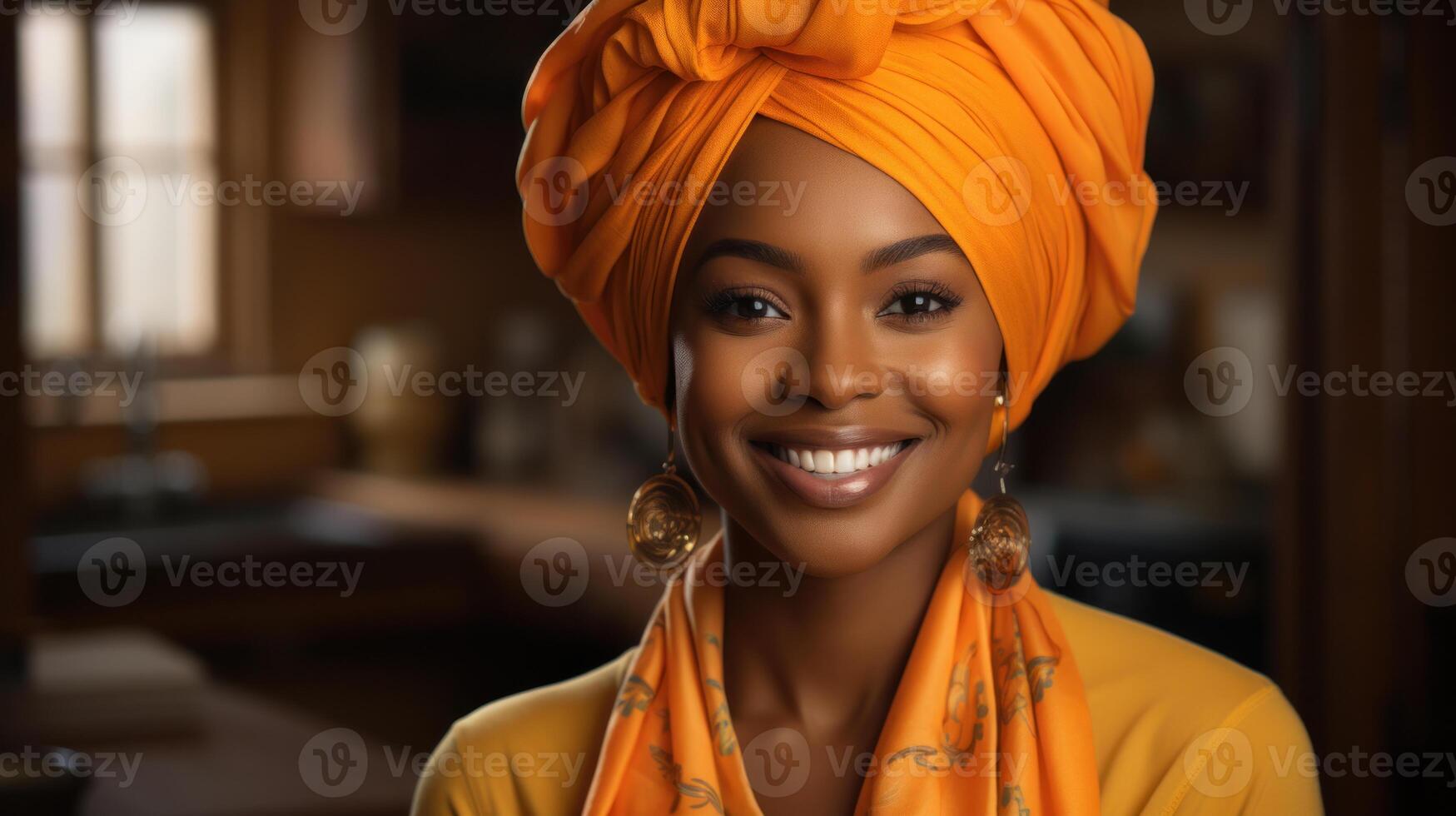 portret van mooi Afrikaanse Amerikaans vrouw met oranje tulband. generatief ai. foto