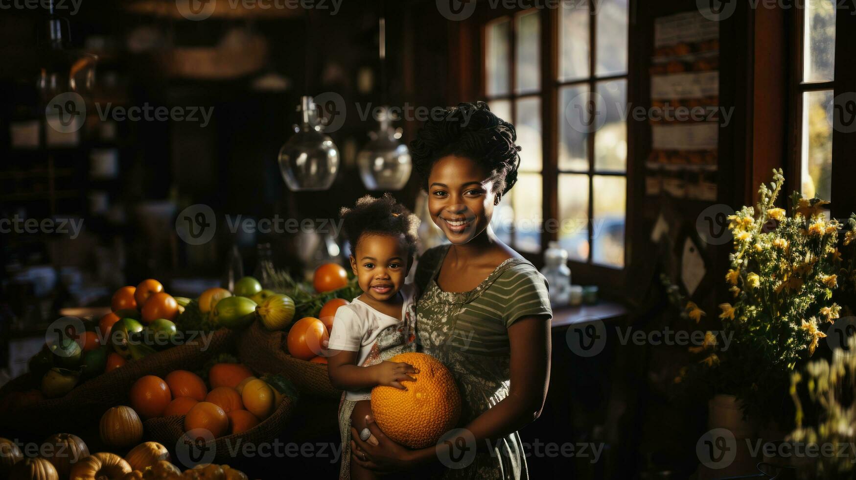 Afrikaanse Amerikaans moeder en dochter Holding jack fruit in de eerlijk. generatief ai. foto