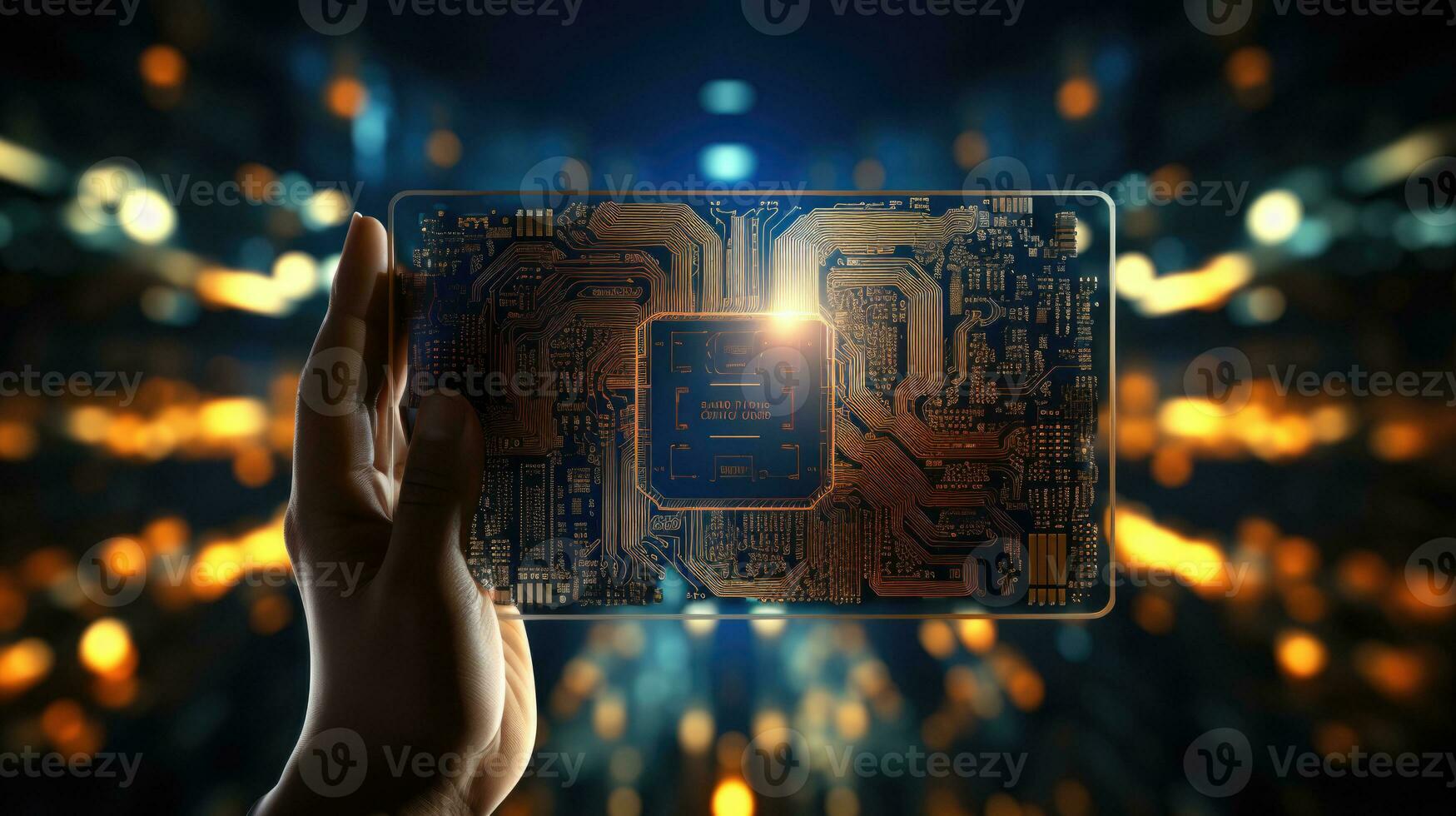 dichtbij omhoog van menselijk hand- Holding tablet pc met stroomkring bord. digitaal identificatie kaart. generatief ai. foto