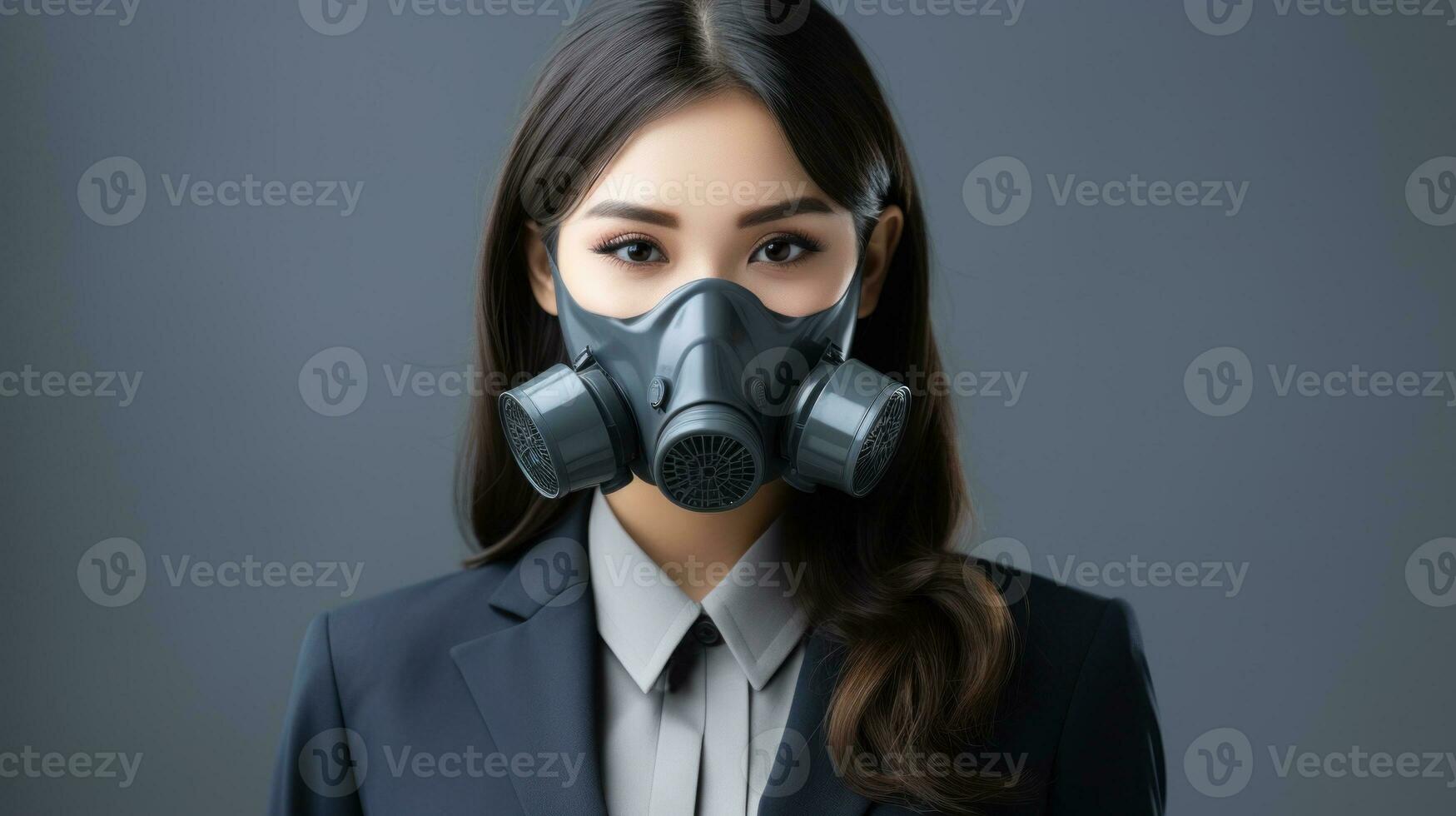 Aziatisch bedrijf vrouw vervelend gas- masker Aan grijs achtergrond. generatief ai. foto