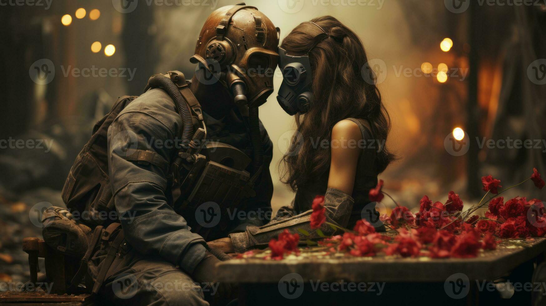overlevende Mens en vrouw in gas- masker zittend Bij tafel met rood bloemen in post Apocalypse wereld na nucleair oorlog. generatief ai. foto