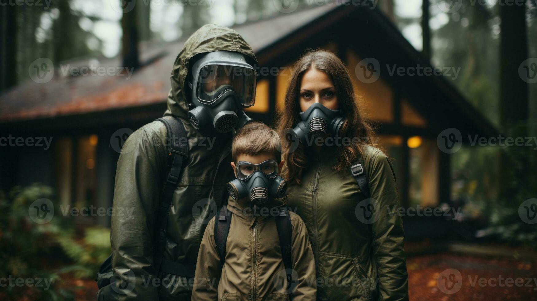 familie met een kind in een gas- masker Aan de achtergrond van de huis. generatief ai. foto