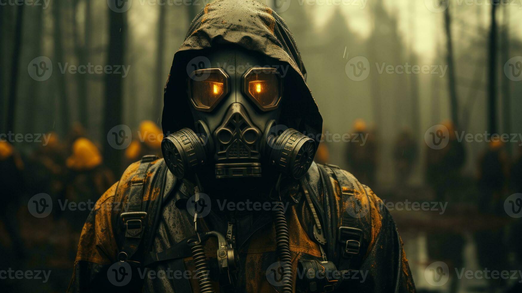 detailopname portret van een stalker Mens in een gas- masker in vernietigd apocalyptisch Woud. generatief ai. foto