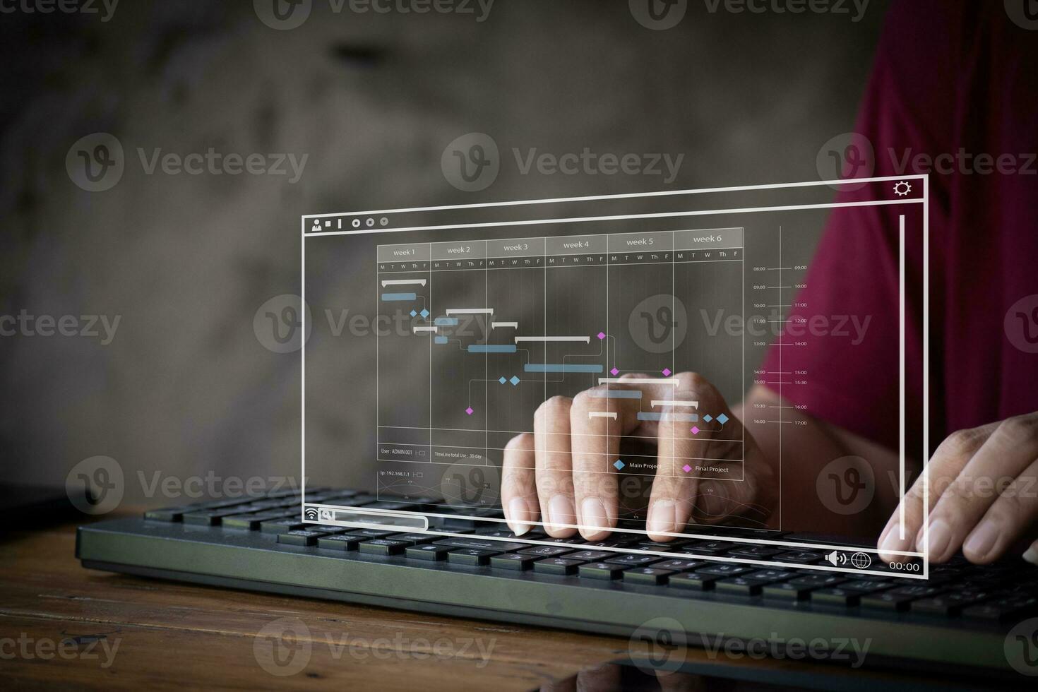 analist werken met computer in bedrijf analytics en gegevens beheer systeem naar maken verslag doen van met kpi en statistieken verbonden naar databank. zakelijke strategie voor financiën, activiteiten, verkoop, marketing. foto