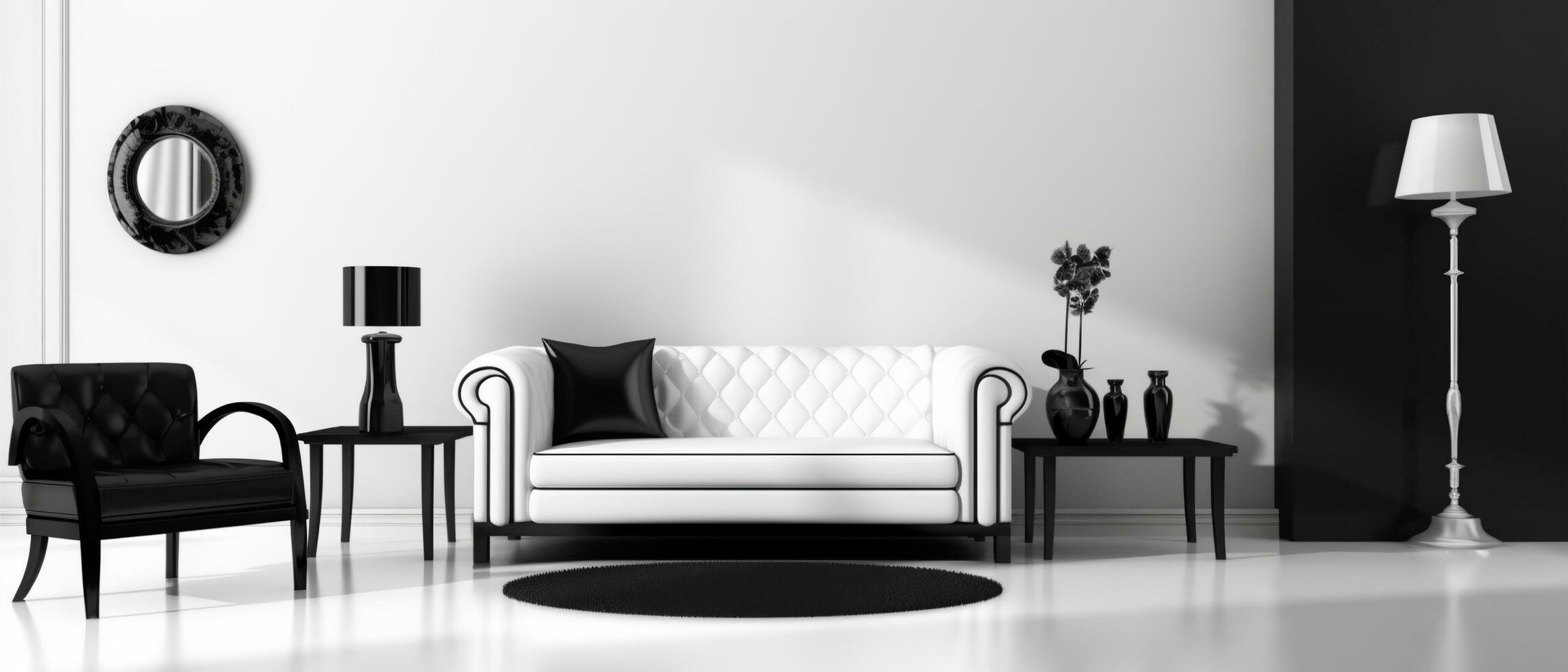 portret van minimalistische stijl leven kamer interieur Aan zwart en wit achtergrond, generatief ai foto