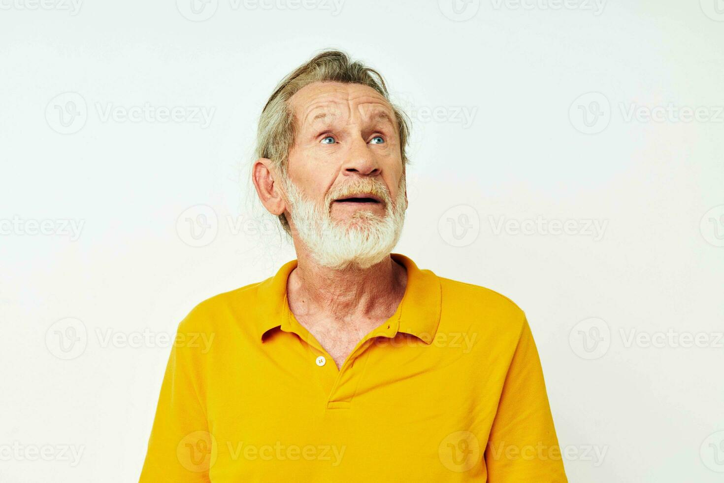 senior grijs haar Mens met een grijs baard emotie gebaren handen bijgesneden visie foto