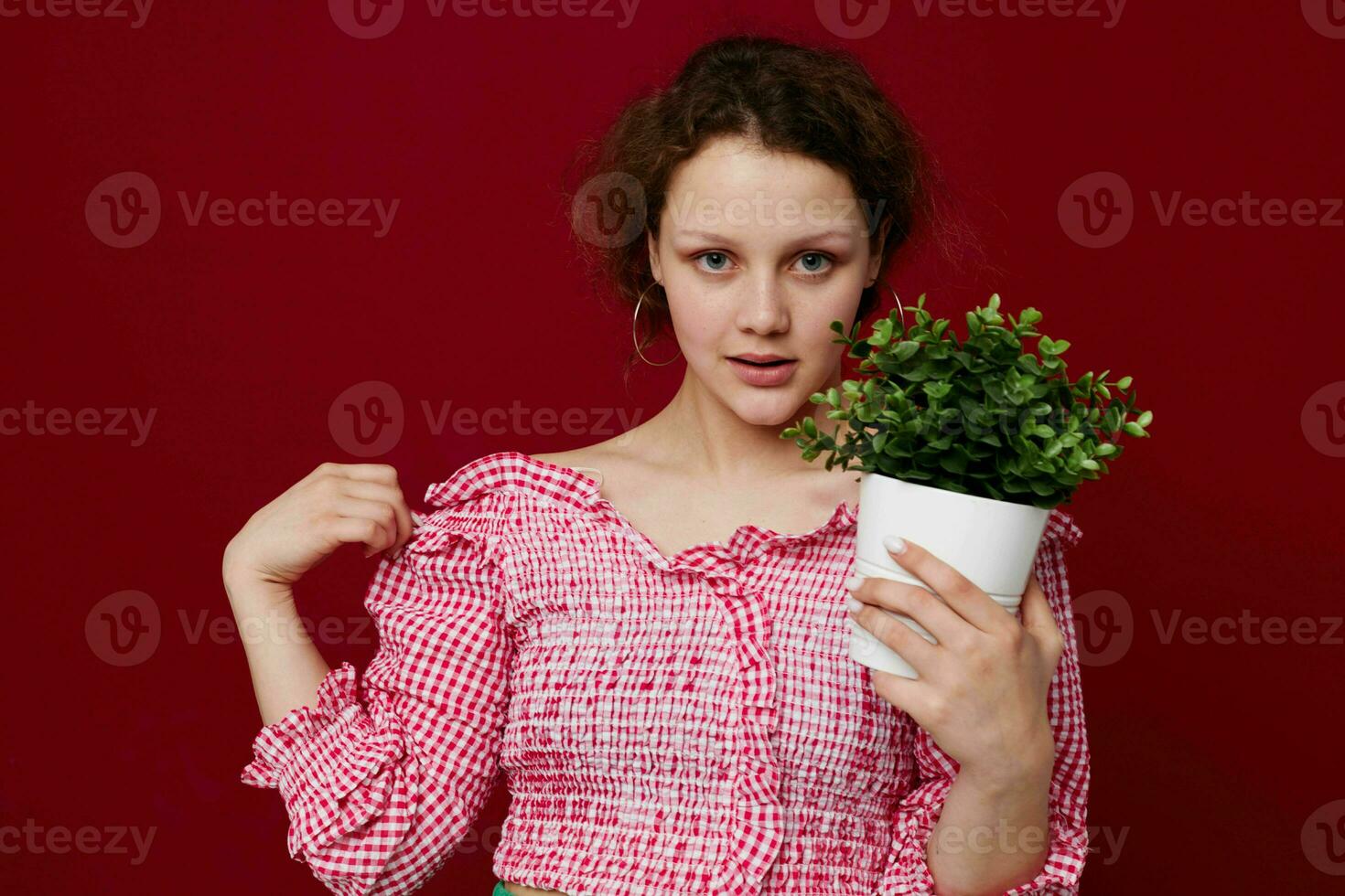 mooi vrouw stand-in en Holding bloem in pot rood achtergrond ongewijzigd foto