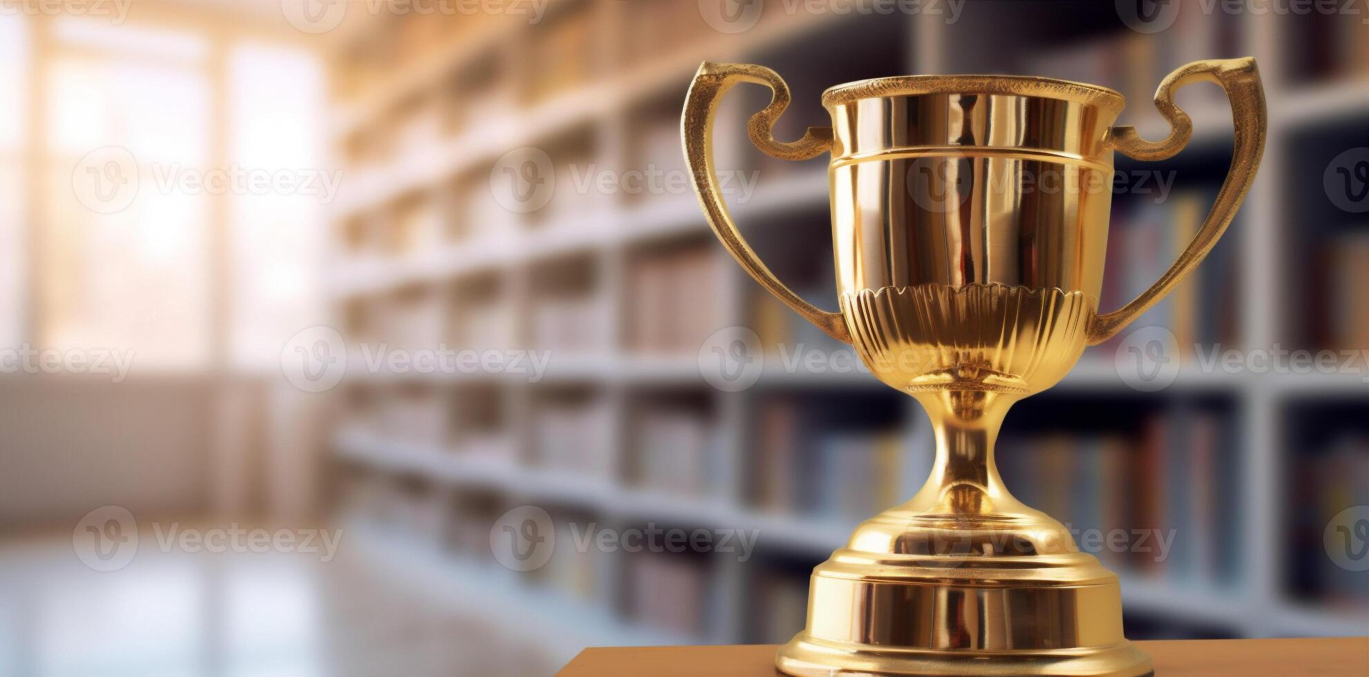 bibliotheek wedstrijd kop goud viering kampioen prijs bokeh prijs trofee. generatief ai. foto