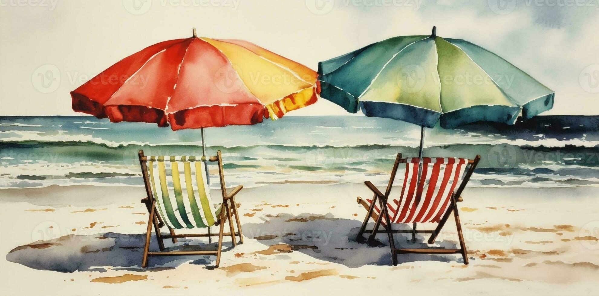 waterverf zomer paraplu kom tot rust rust uit stoel achtergrond toevlucht zonnig strand vakantie. generatief ai. foto