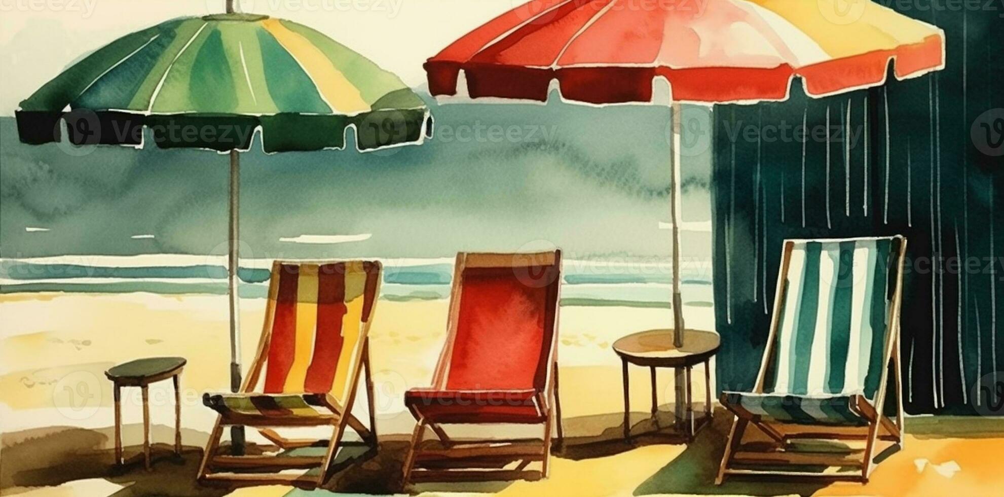 kom tot rust rust uit zomer toevlucht vakantie exotisch paraplu stoel waterverf strand achtergrond. generatief ai. foto