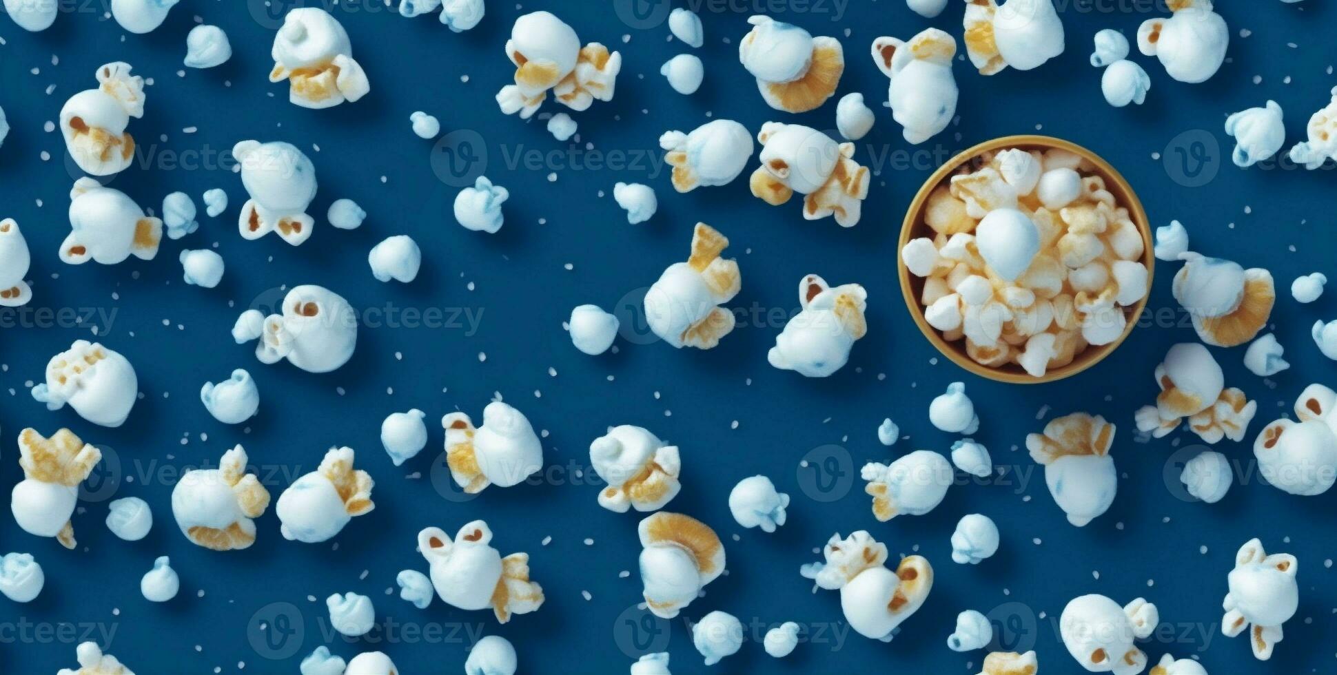 vermaak poster bioscoop blauw popcorn doos maïs wit tussendoortje voedsel achtergrond. generatief ai. foto
