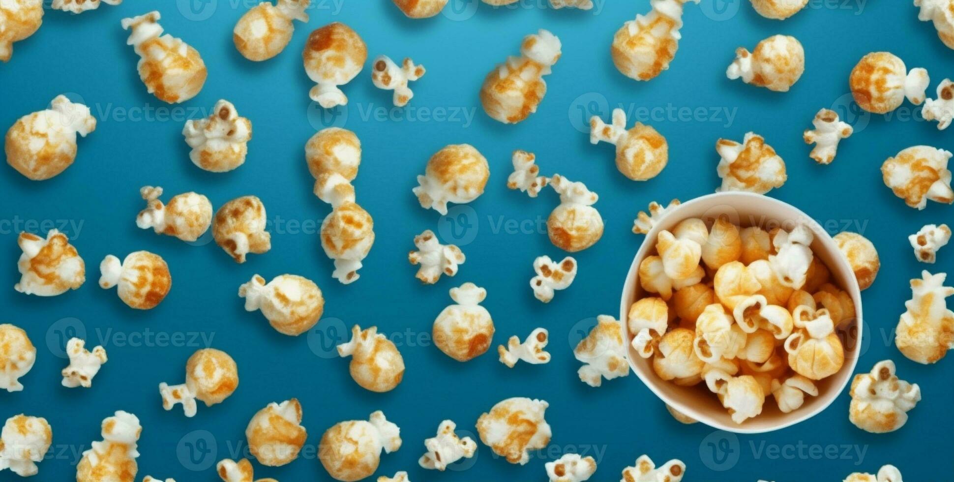 blauw tussendoortje popcorn bioscoop smakelijk wit doos achtergrond voedsel vermaak maïs. generatief ai. foto