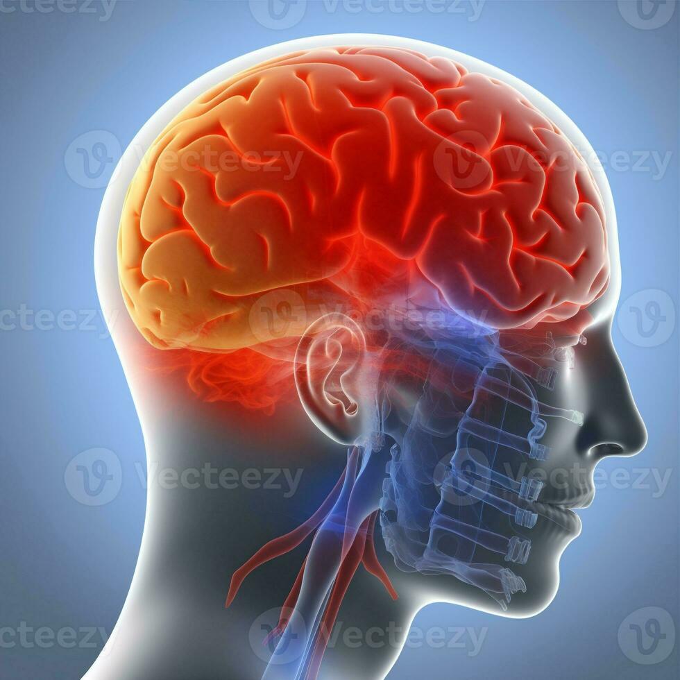 geneeskunde rood röntgenstraal blauw hoofd medisch hoofdpijn anatomie pijn brein. generatief ai. foto