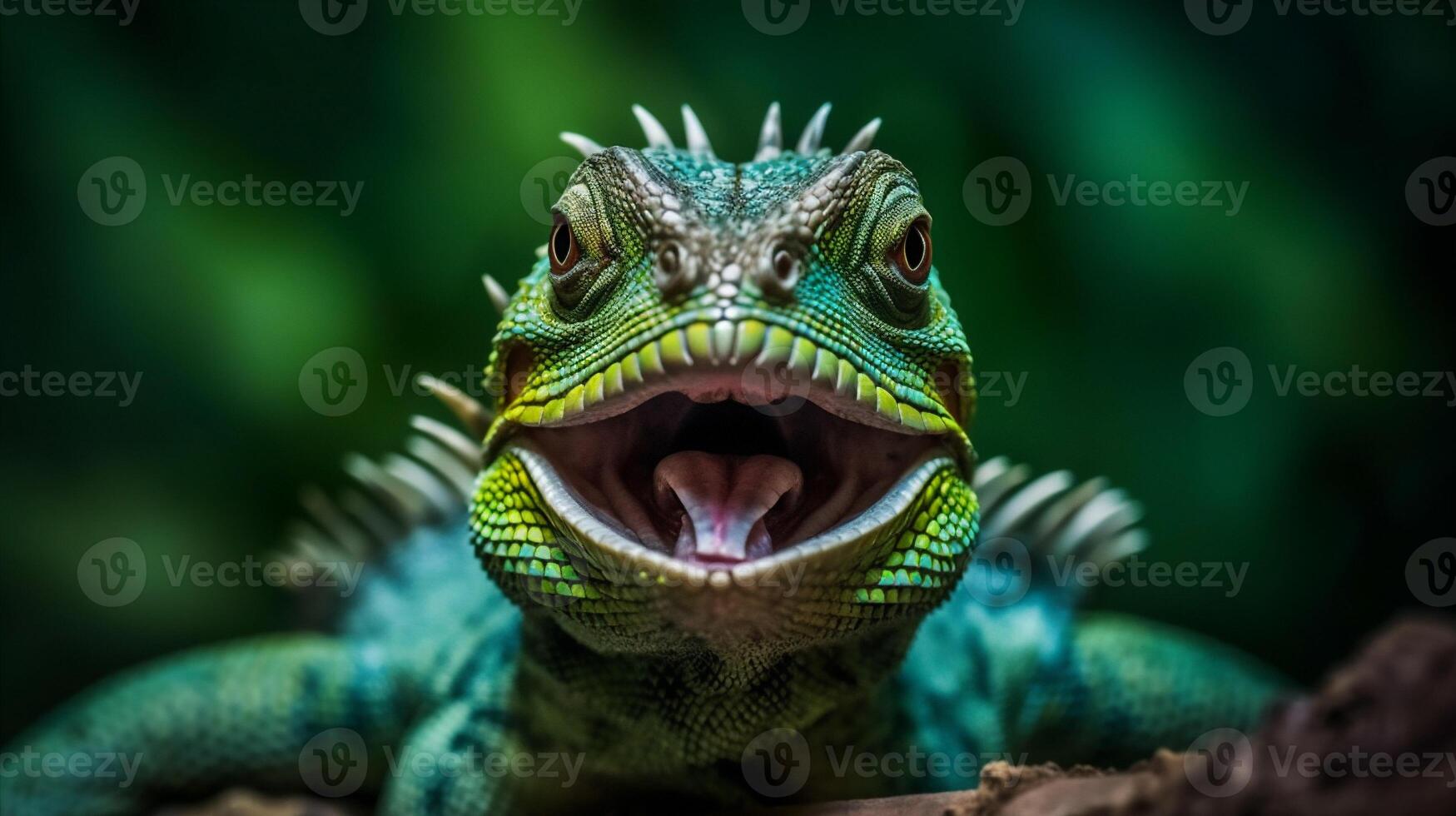 reptiel leguaan bril schaal detailopname dieren in het wild dier hagedis groen portret. generatief ai. foto