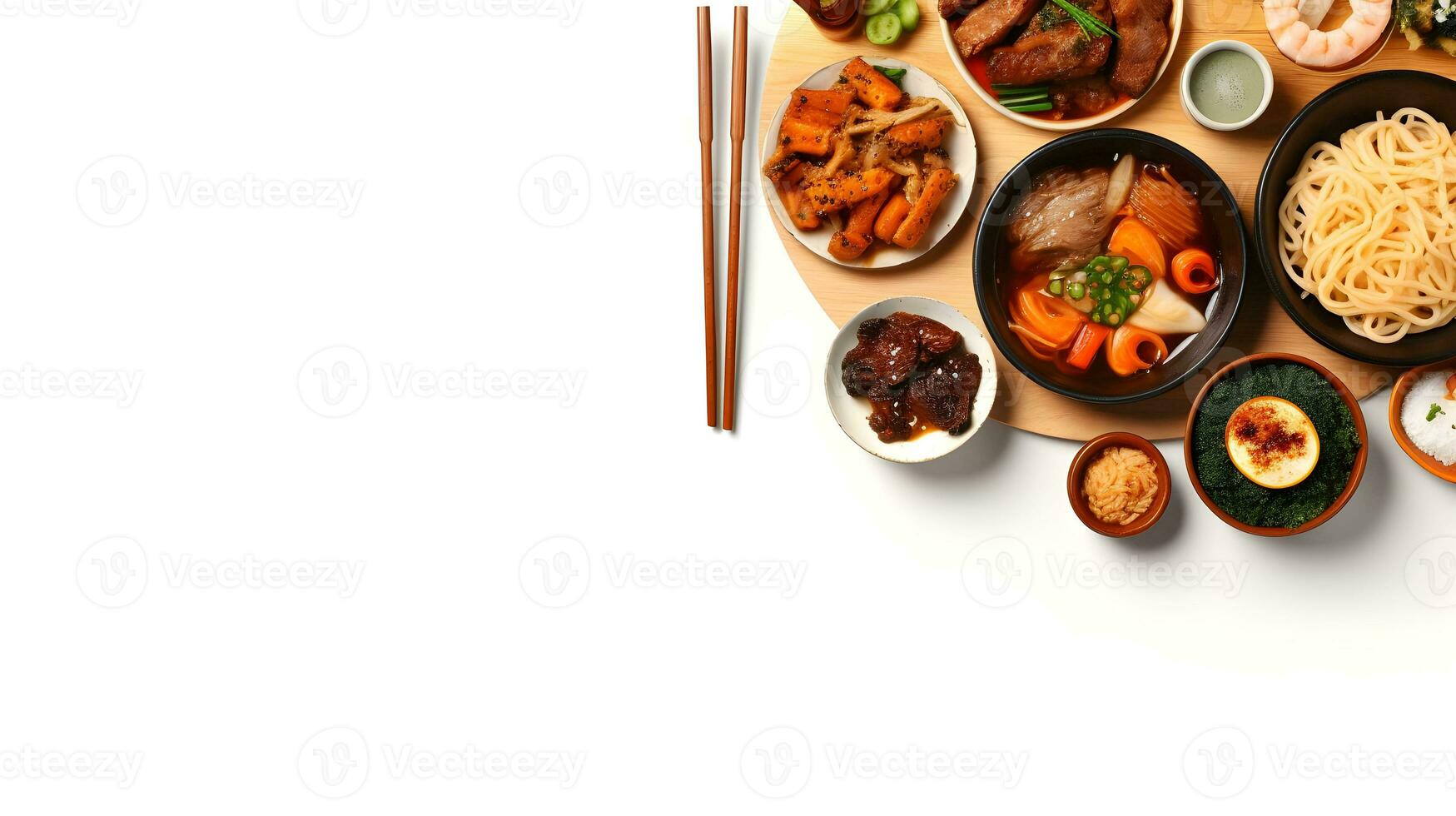 assortiment van Koreaans en Japans borden. Aziatisch voedsel. top visie, vlak leggen. ai gegenereerd foto