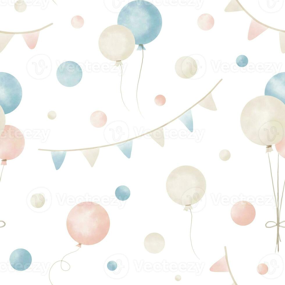 patroon met lucht ballonnen en confetti. hand- getrokken waterverf naadloos bavkground voor verjaardag omhulsel papier of partij ontwerp. tekening in pastel kleuren Aan wit foto