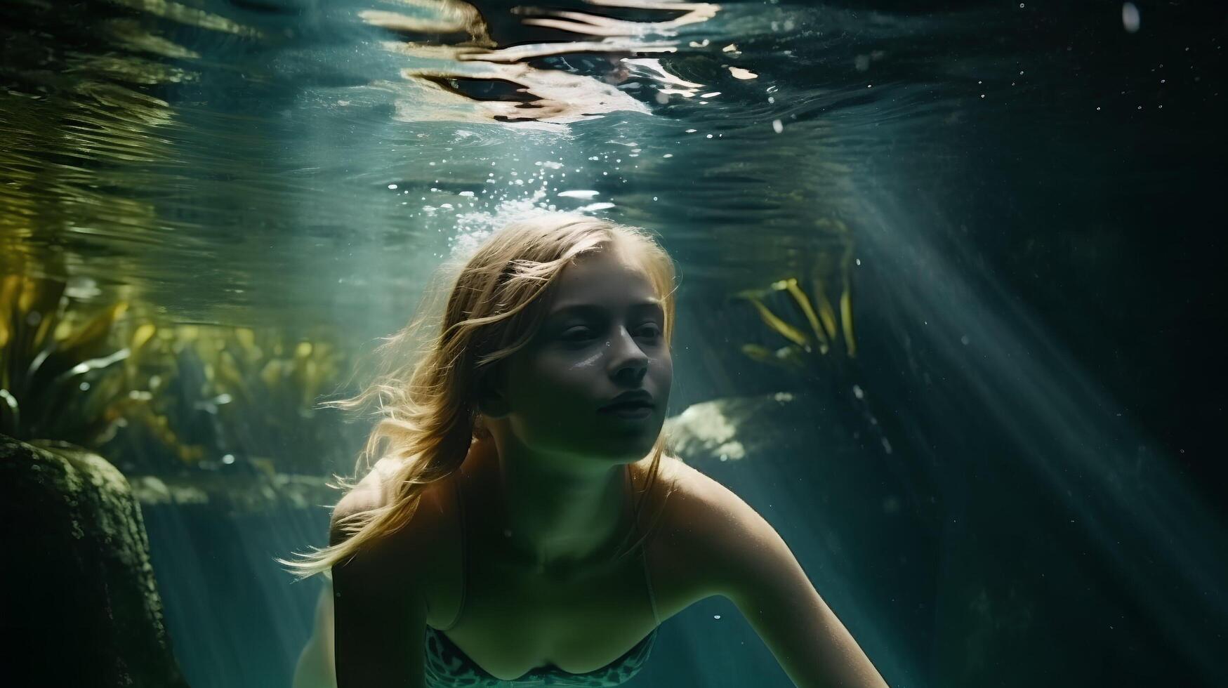 meisje in een zwempak, zwemmen onderwater, vol kader. ai generatief kunst foto