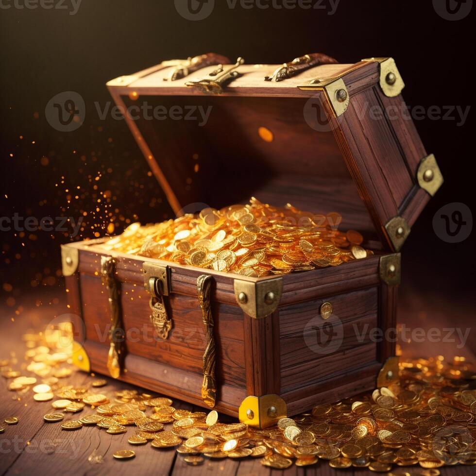Open oude houten borst vol van goud munten piraat schat ai generatief beeld foto