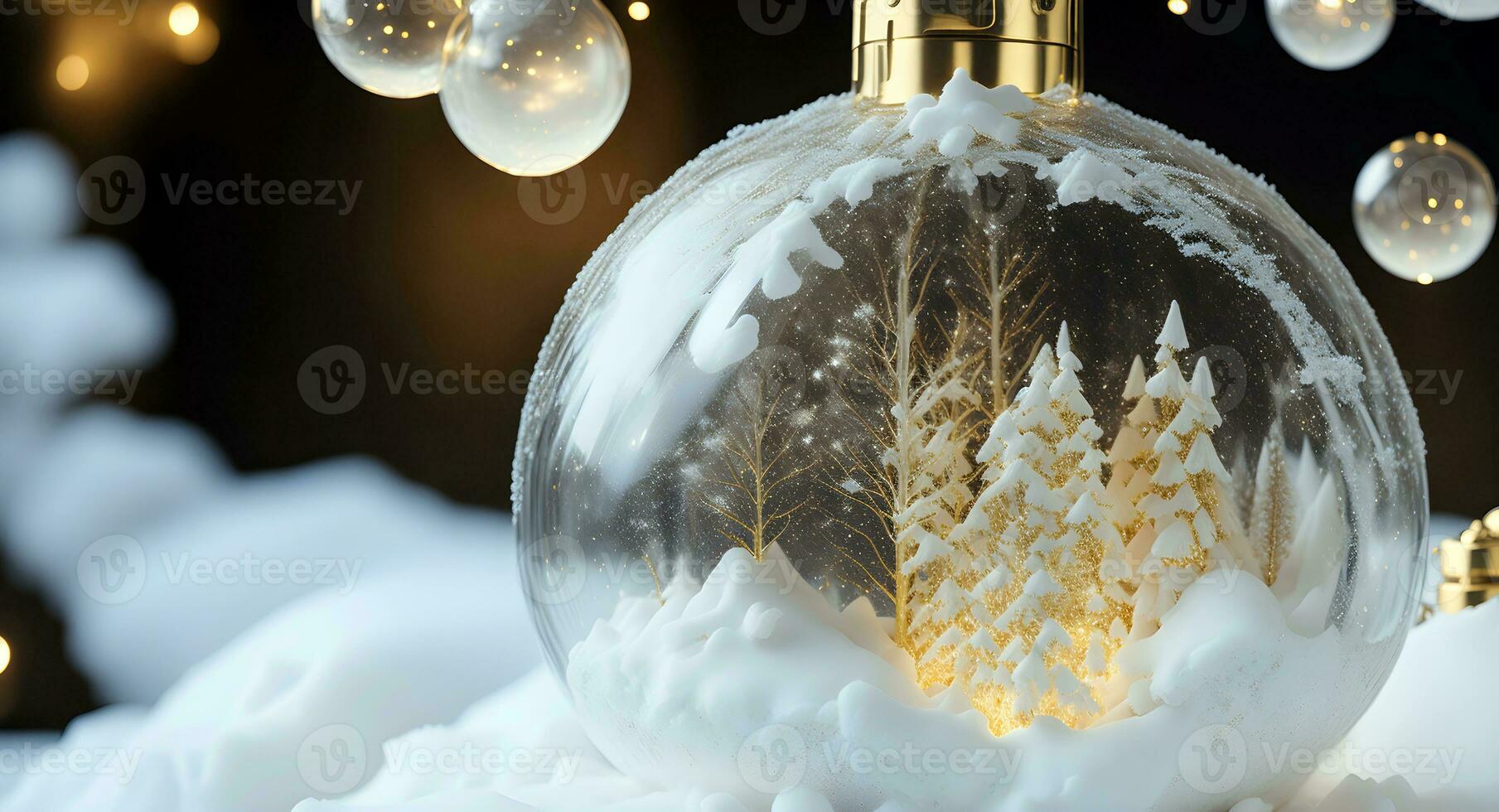 een winters tafereel van feestelijk goud en wit Kerstmis ornamenten, ingekapseld in een glas sneeuw wereldbol. ai gegenereerd foto