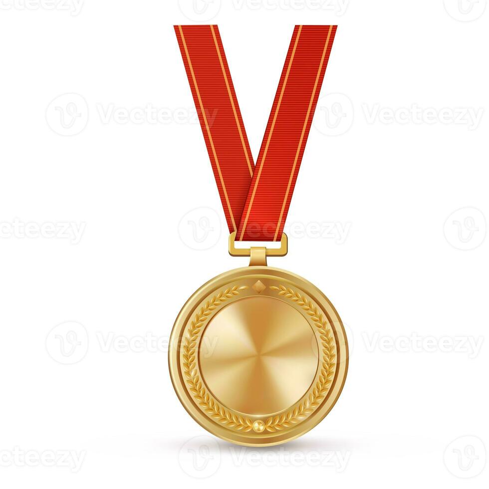realistisch goud leeg medaille Aan rood lintje. sport- wedstrijd prijzen voor eerste plaats. kampioenschap beloning voor overwinningen en prestaties foto
