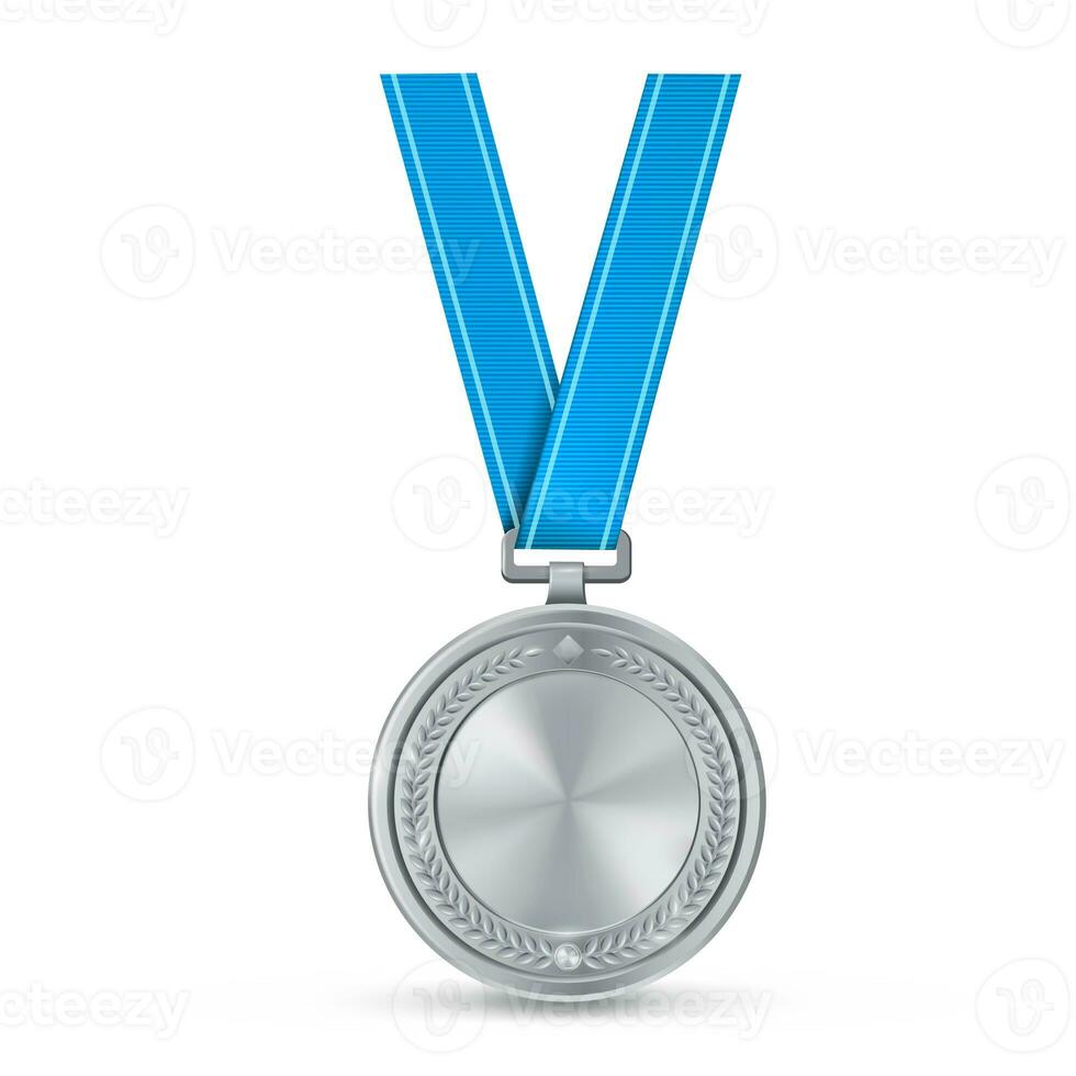 realistisch zilver leeg medaille Aan blauw lintje. sport- wedstrijd prijzen voor tweede plaats. kampioenschap beloning voor overwinningen en prestaties foto