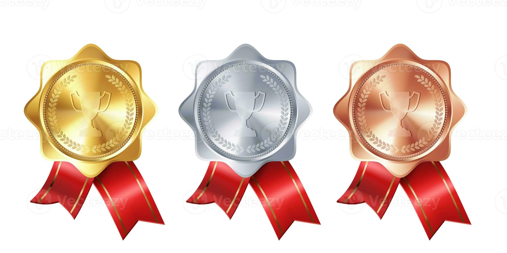 realistisch verzameling van goud, zilver, en bronzen prijs medailles met rood lint rozetten en gegraveerde winnaar's beker. vector set. premie badges voor winnaars en prestaties. foto