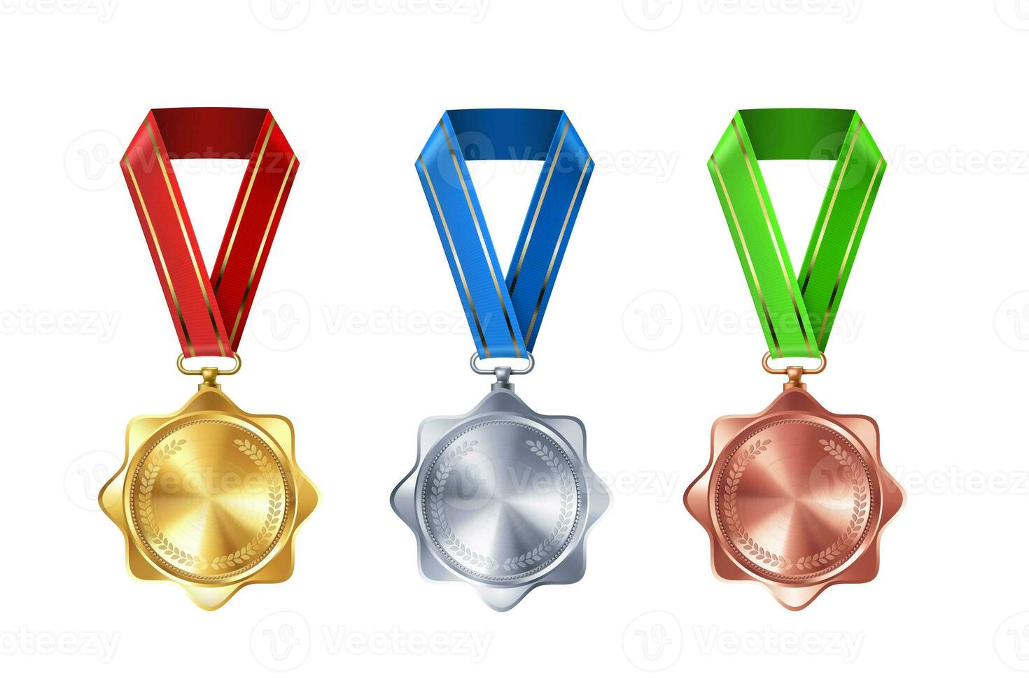 reeks van realistisch goud, zilver, en bronzen leeg medailles Aan kleurrijk linten. sport- wedstrijd prijzen voor 1e, 2e, en 3e plaats. kampioenschap beloningen voor overwinningen en prestaties foto