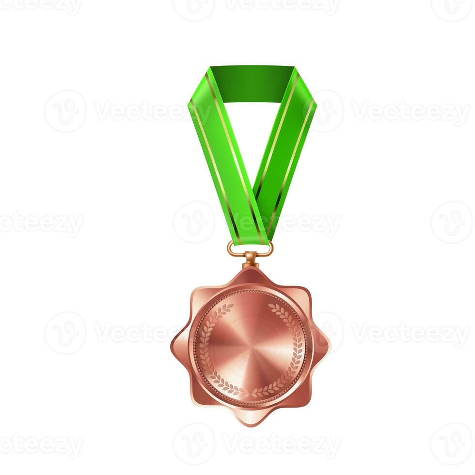 realistisch bronzen leeg medaille Aan groen lintje. sport- wedstrijd prijzen voor derde plaats. kampioenschap beloning voor overwinningen en prestaties foto