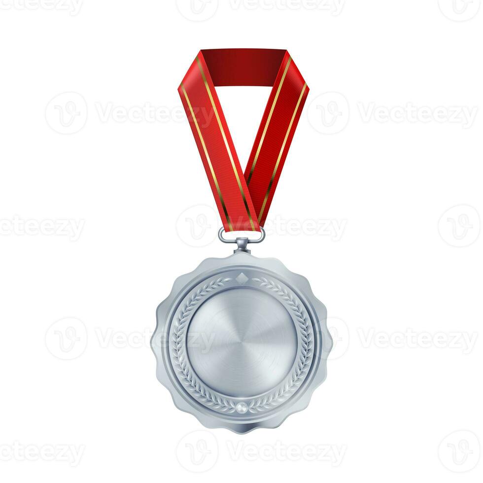 realistisch zilver leeg medaille Aan rood lintje. sport- wedstrijd prijzen voor tweede plaats. kampioenschap beloning voor overwinningen en prestaties foto
