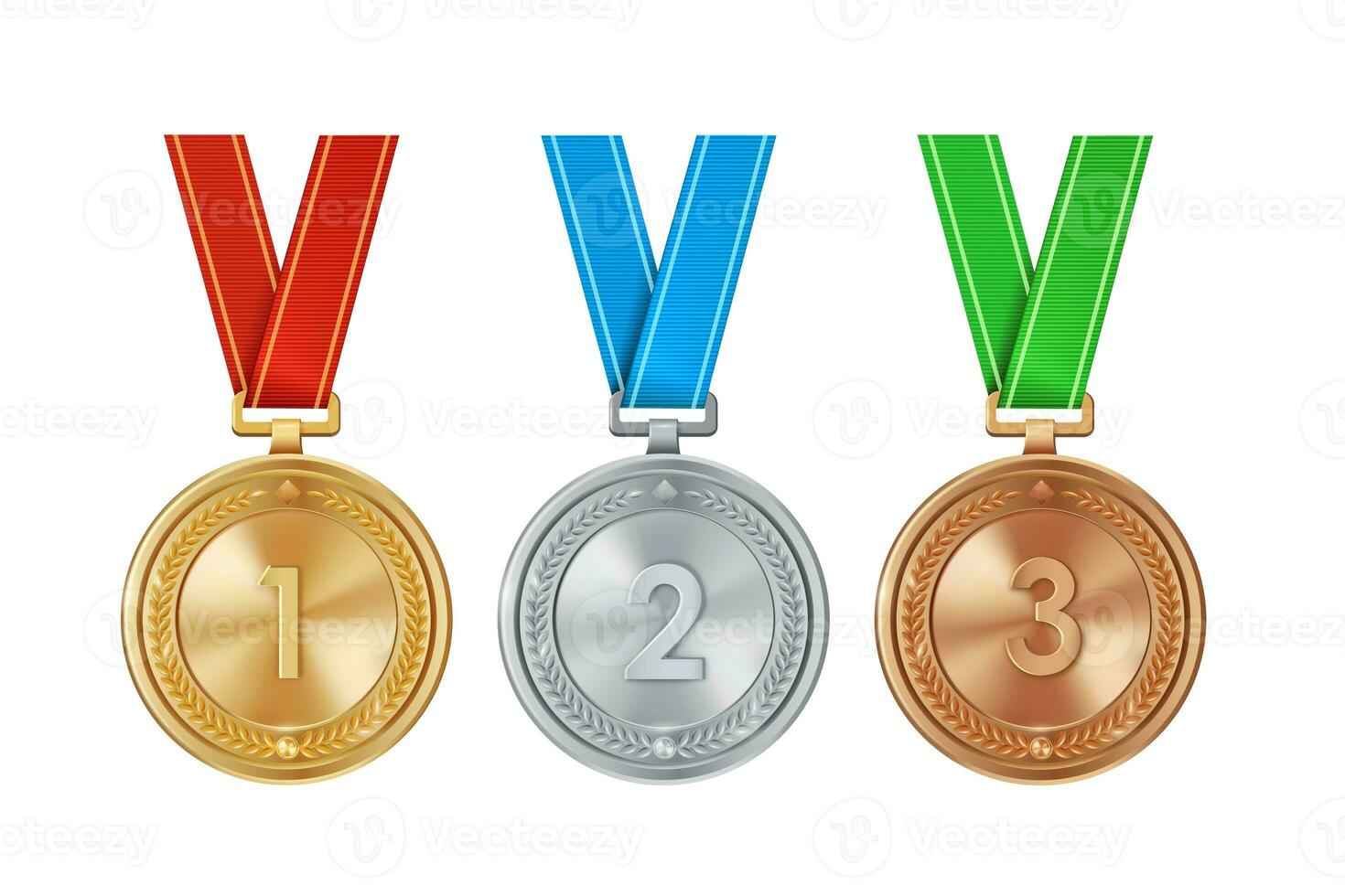 realistisch reeks van gouden, zilver, en bronzen medailles Aan kleurrijk linten. sport- wedstrijd prijzen voor 1e, 2e, en 3e plaats. kampioenschap beloningen voor prestaties en overwinningen. foto