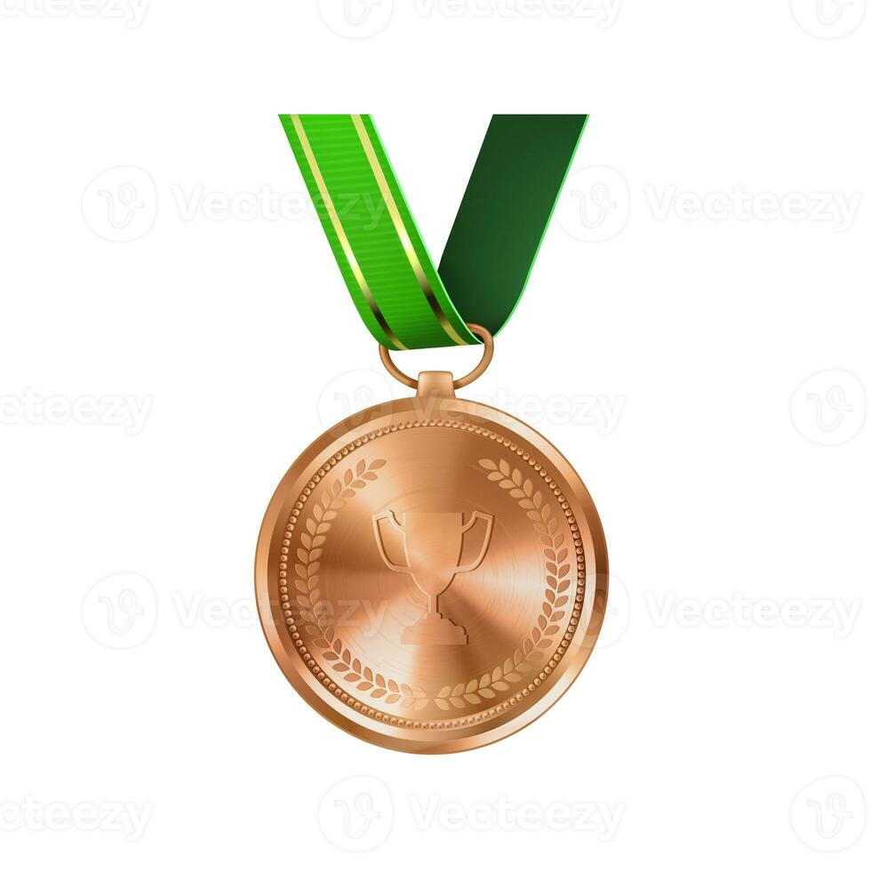 realistisch bronzen medaille Aan groen lintje. sport- wedstrijd prijzen voor derde plaats. kampioenschap beloningen voor prestaties en overwinningen. foto