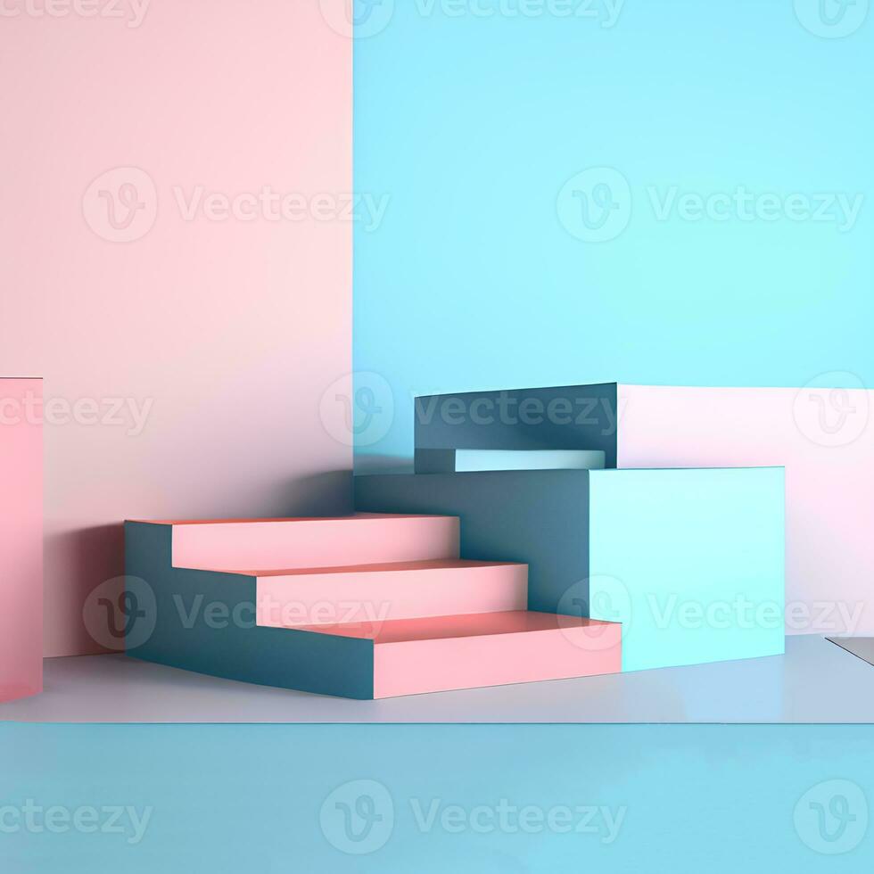 3d veroorzaken, blauw roze trap, stappen, abstract achtergrond in pastel kleuren, mode podium, minimaal tafereel, primitief bouwkundig blokken, ontwerp element foto