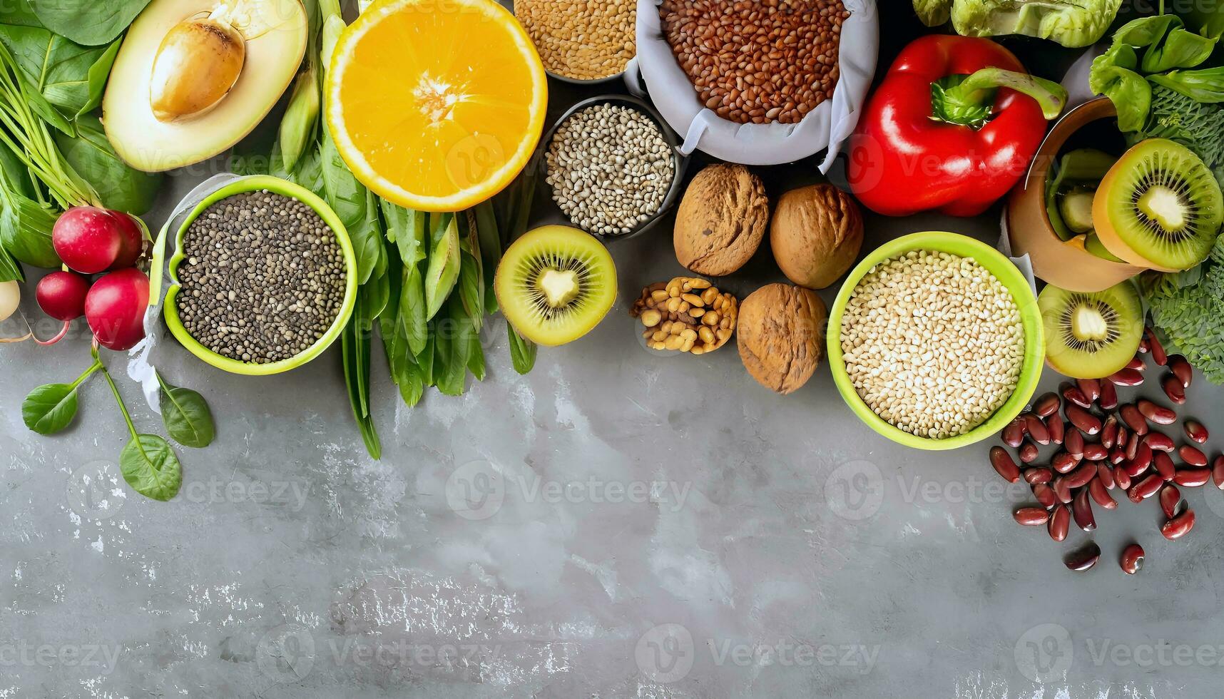 gezond voedsel schoon aan het eten selectie fruit groente zaden superfood ontbijtgranen blad groente Aan grijs beton achtergrond foto