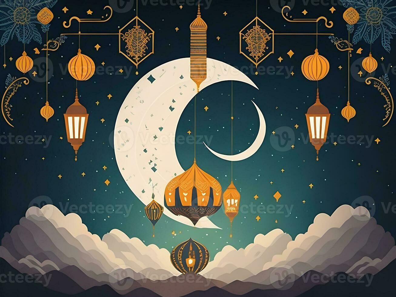 gelukkig eid alfitr poster met een achtergrond van lantaarns maan en wolken foto